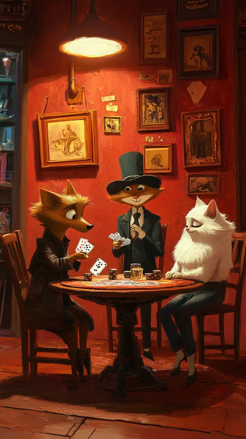 Woman Dog And Cat Playing Cards At Eccentric Table