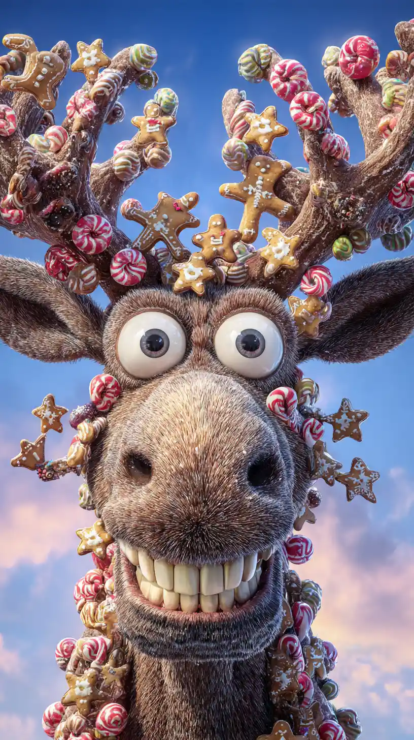 Goofy cartoon moose with christmas ornaments on antlers