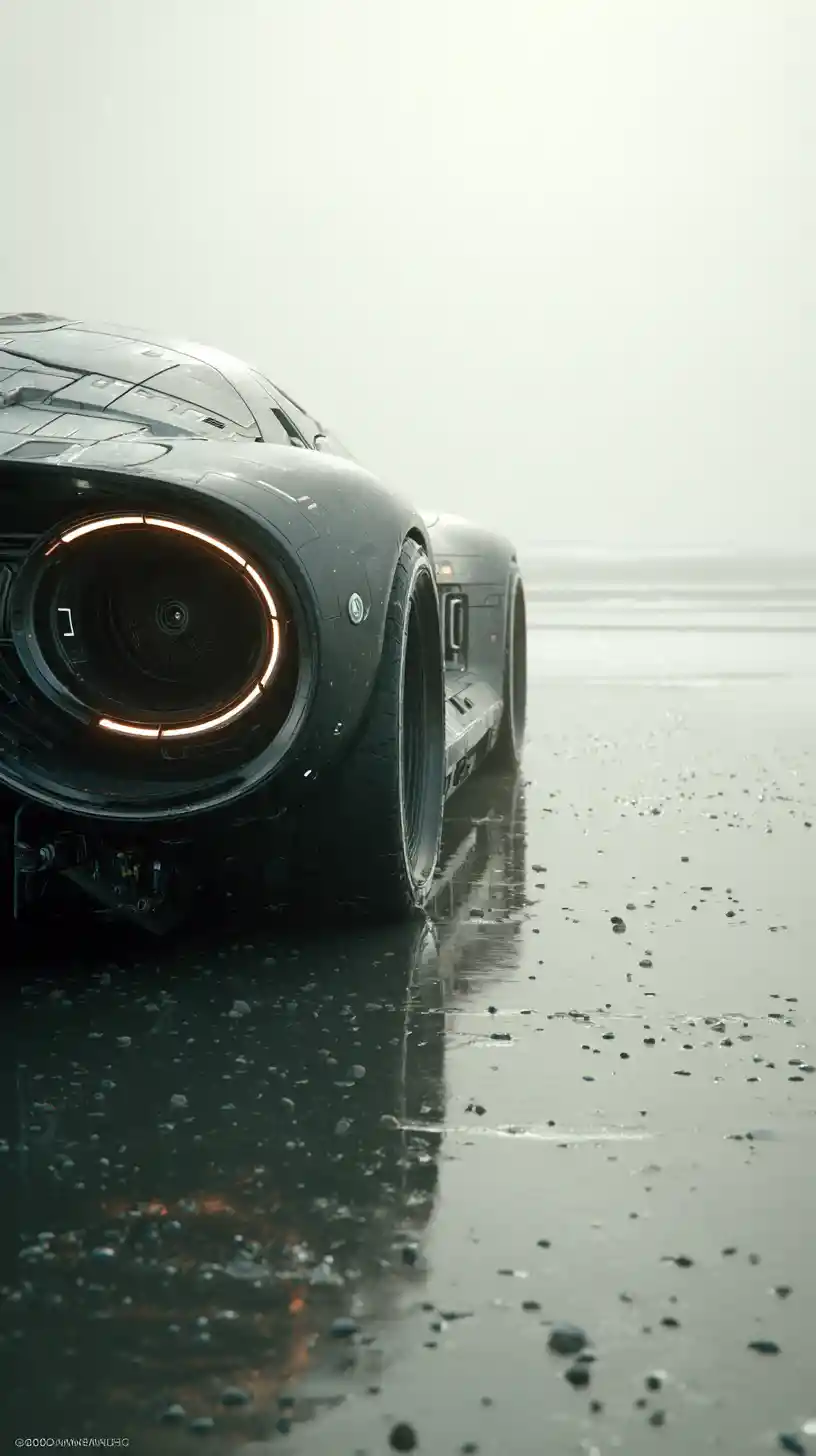 Futuristic black sports car hovering above misty beach