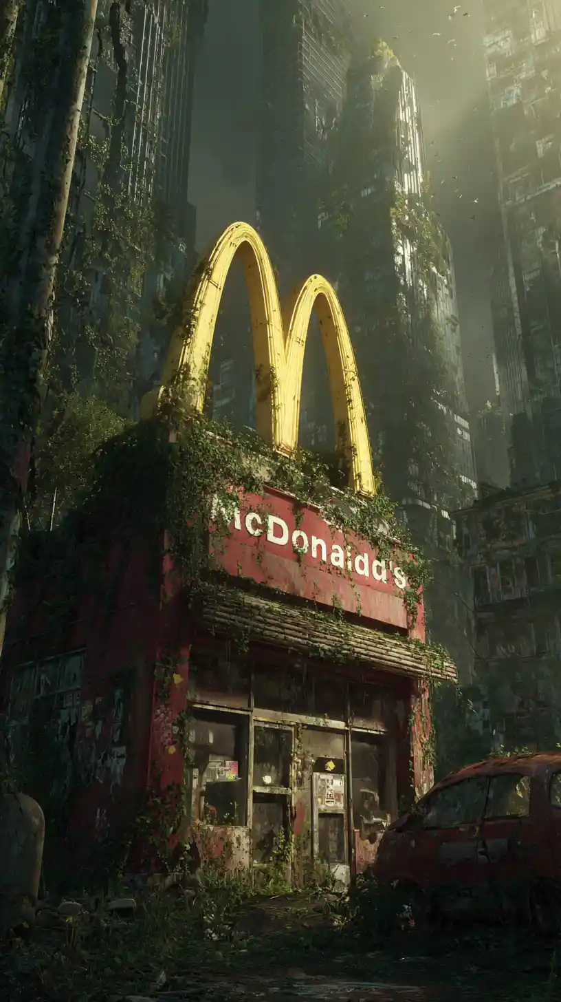 Restaurant de fast-food abandonné envahi par la nature dans une ville en ruines
