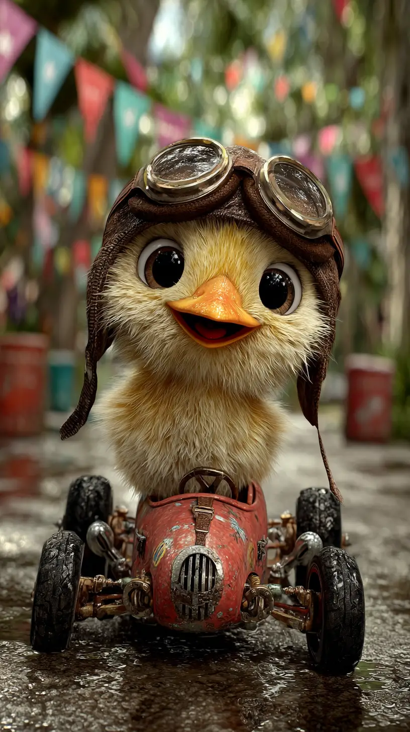Adorable Chick Driving A Red Race Car Outdoors