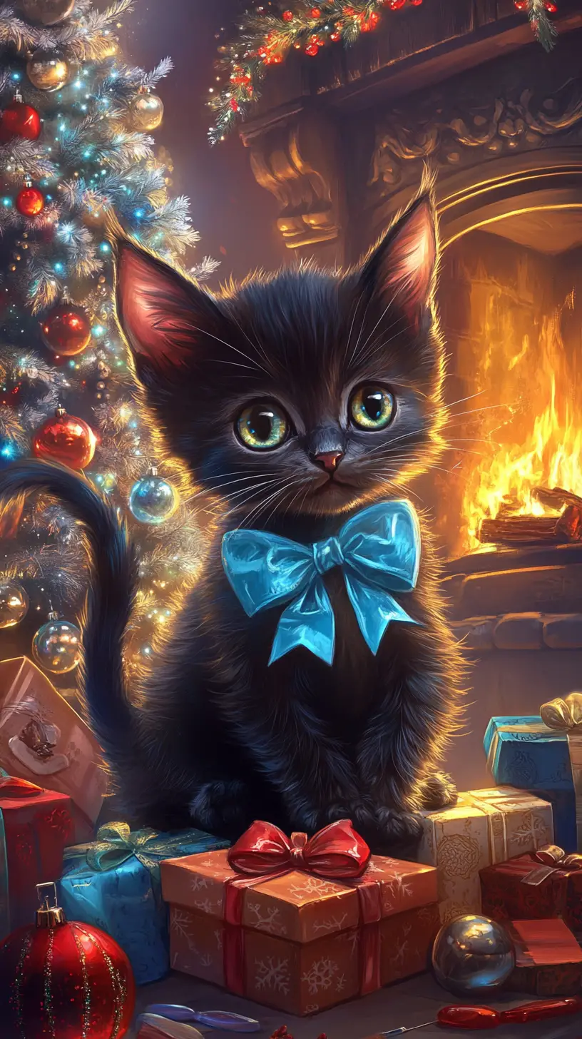 Cute black kitten with blue bow among Christmas gifts
