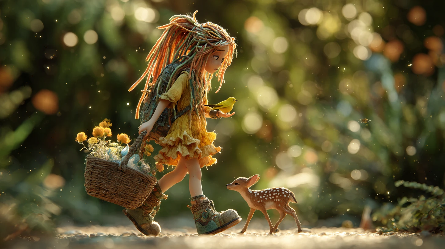 Chica hada caminando por un bosque encantado al atardecer