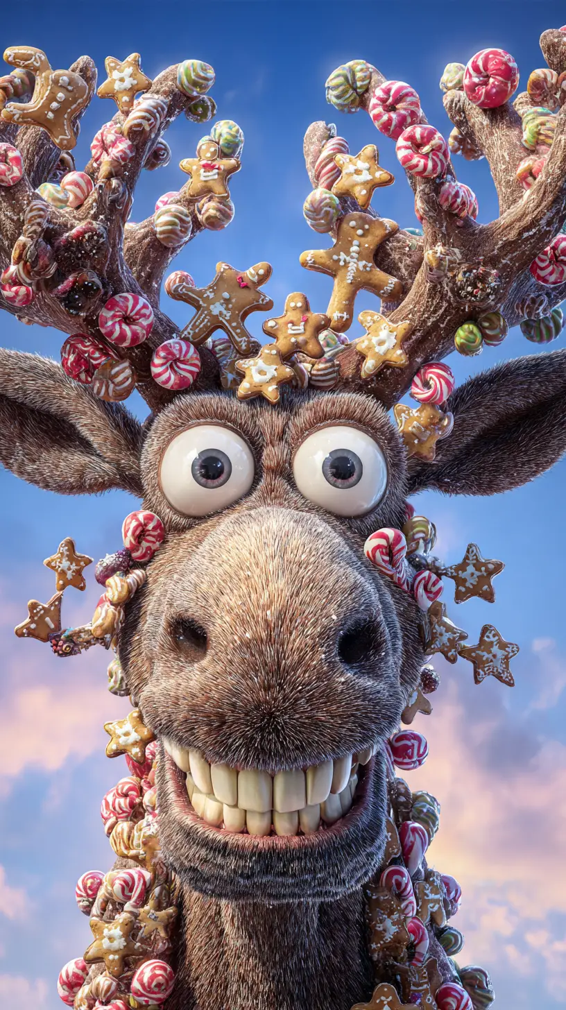 Goofy cartoon moose with christmas ornaments on antlers