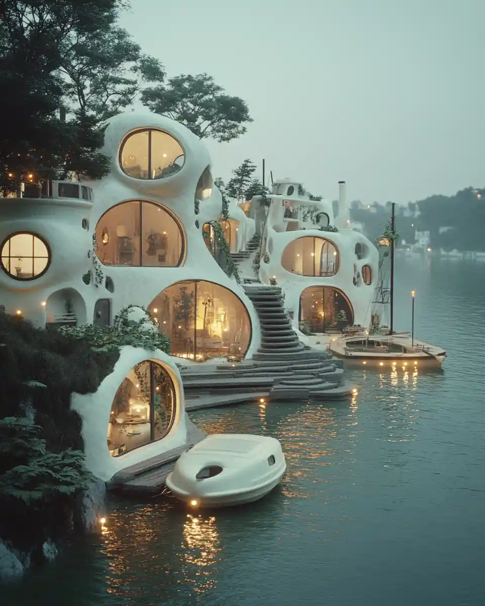 Avant garde analog photo of plant inspired river houses