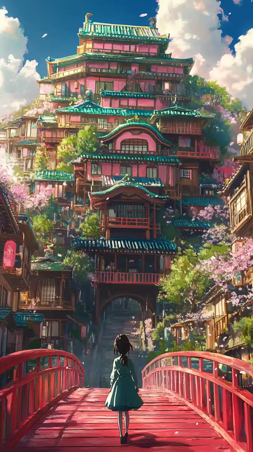Anime girl crossing red bridge to mystical Japanese palace