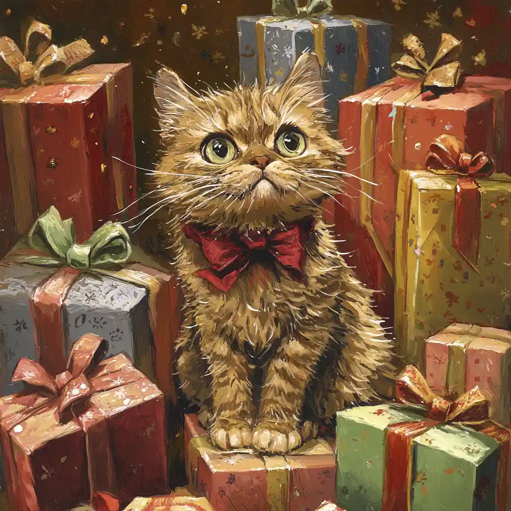 Frazzled Cartoon Cat With Half Wrapped Christmas Presents