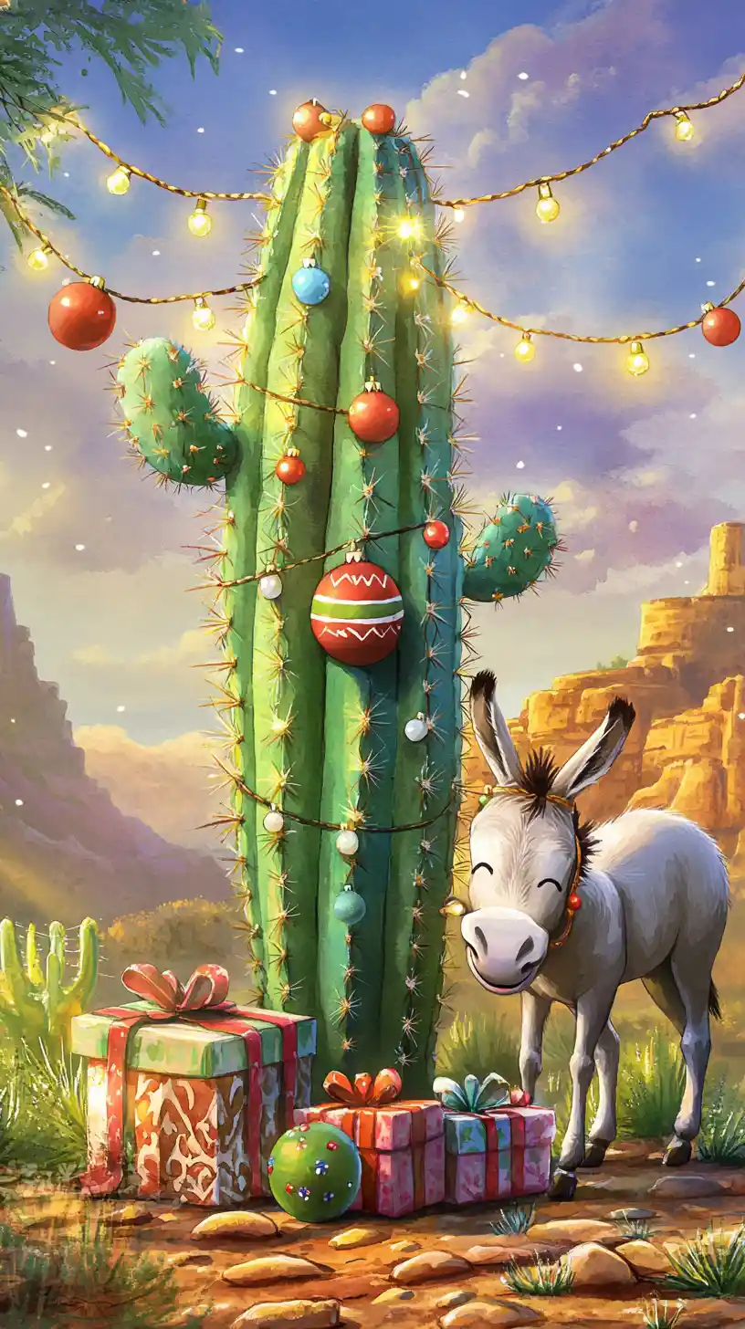 Cactus festoso con regali in una notte nel deserto messicano