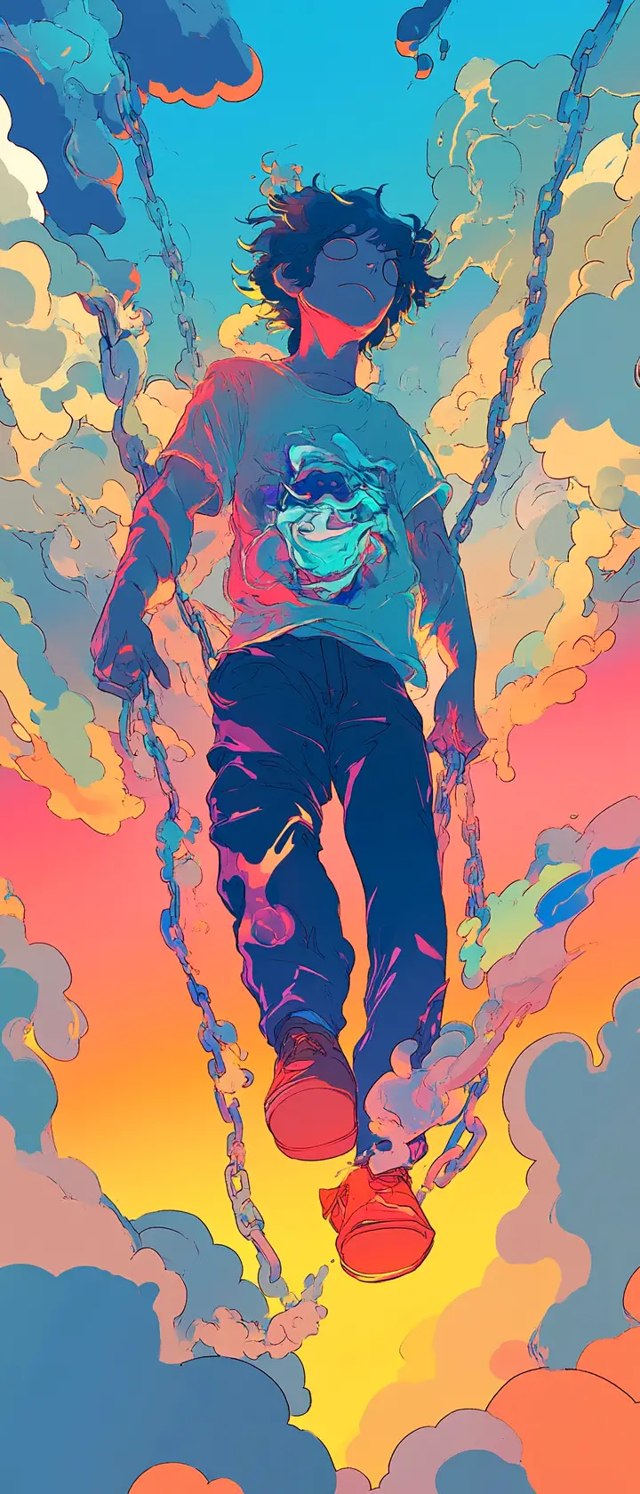 Joyful character dragging an invisible heavy chain