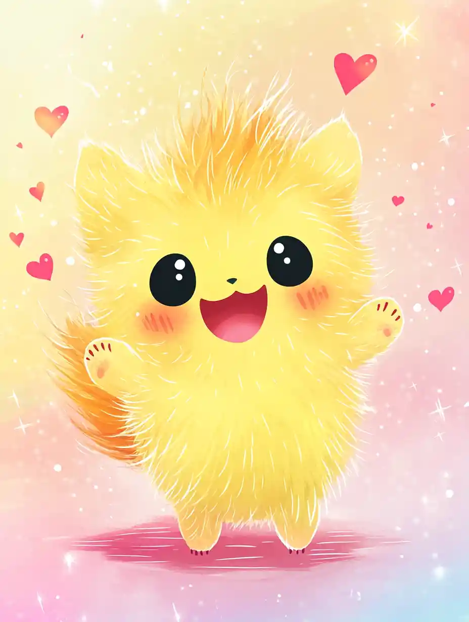 Dolce creatura chibi gialla con cuori e scintille
