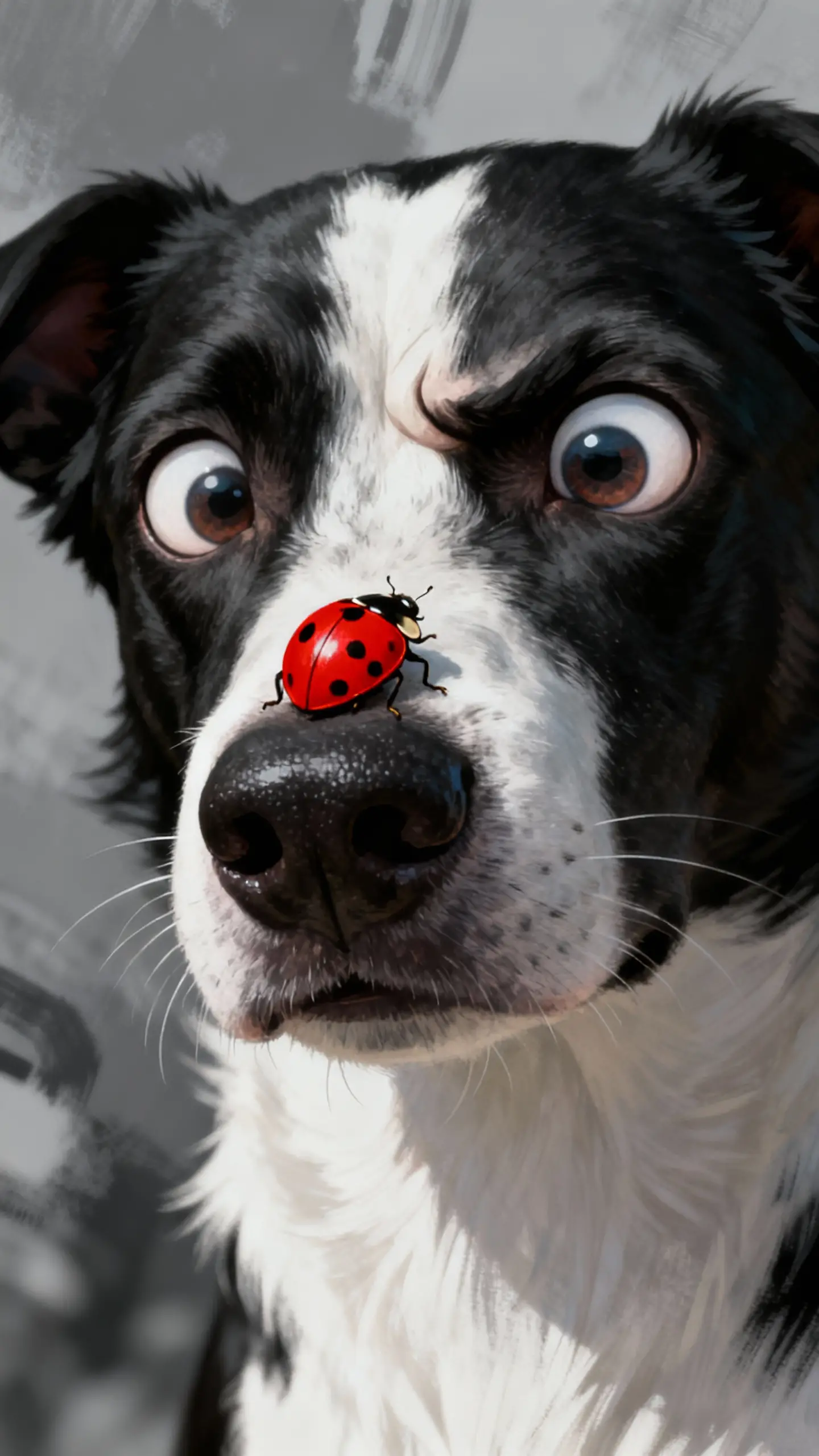 Playful cartoon dog with ladybug on its nose