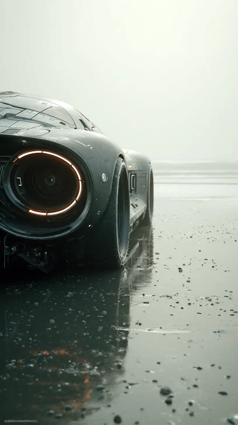 Futuristic black sports car hovering above misty beach