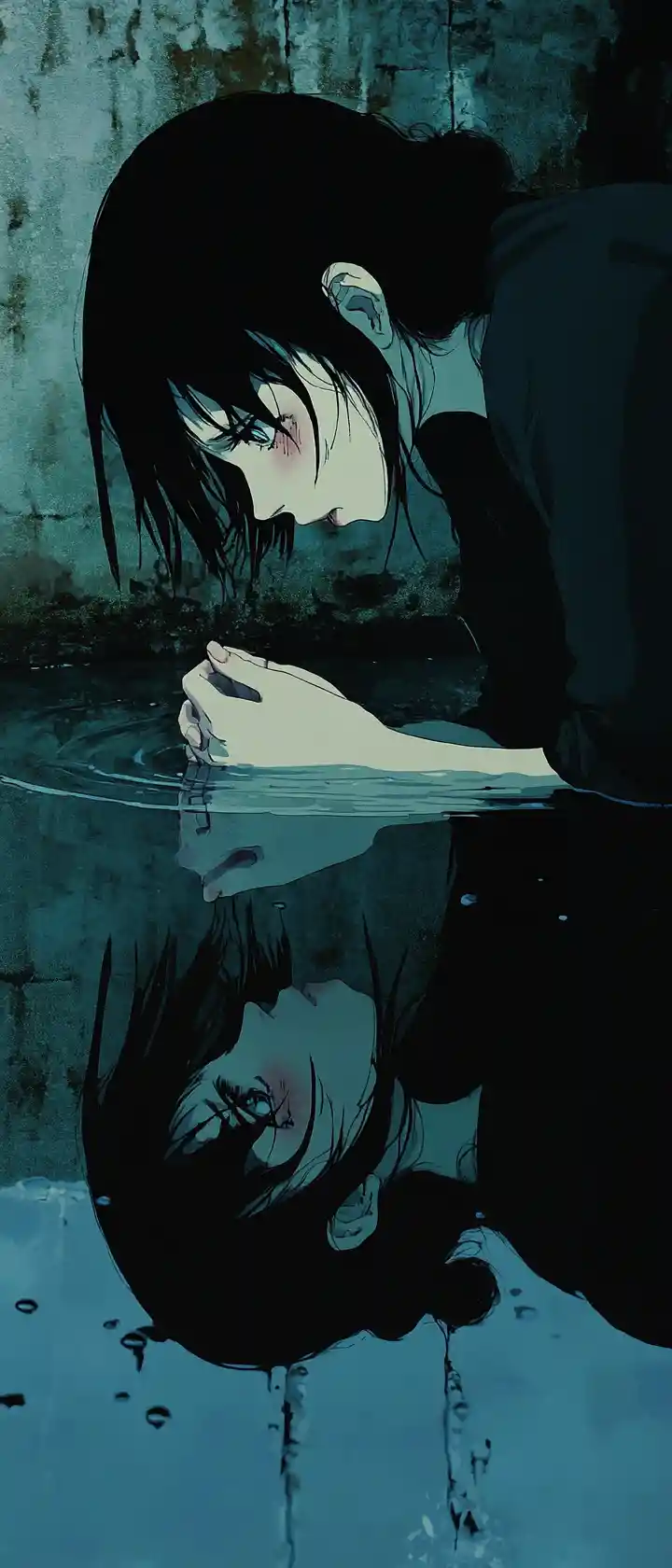 Mulher encarando seu reflexo distorcido na água escura