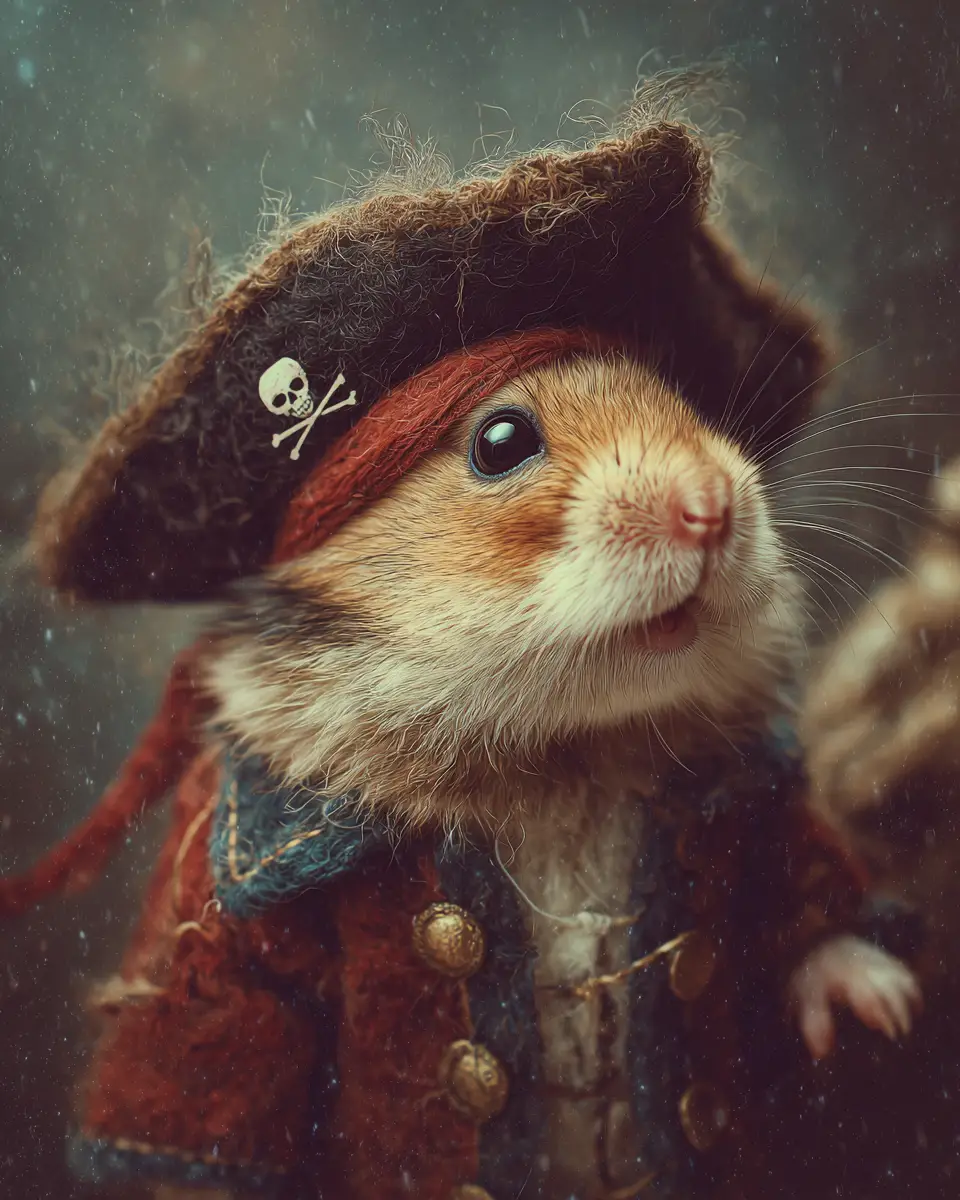 Stylish hamster pirate and mouse lady walking in winter city