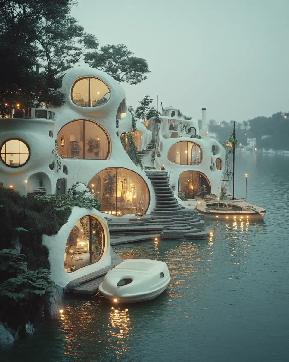 Avant garde analog photo of plant inspired river houses