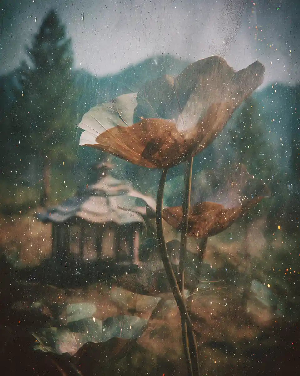 Surreal plant like architecture hidden in a quiet forest