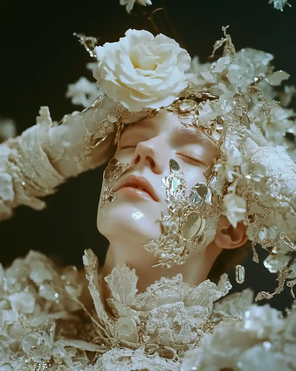 Portrait rococo surréaliste d’une figure androgynne au visage de rose
