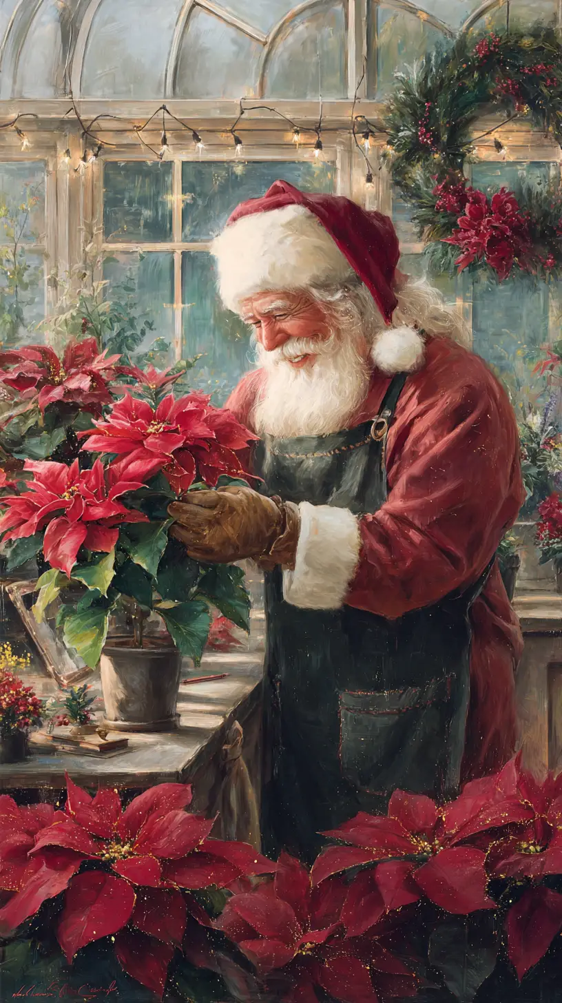 Santa Claus Caring For Poinsettias In A Cozy Greenhouse