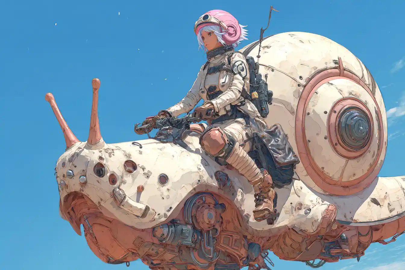 Gritty anime space woman riding a mechanical snail