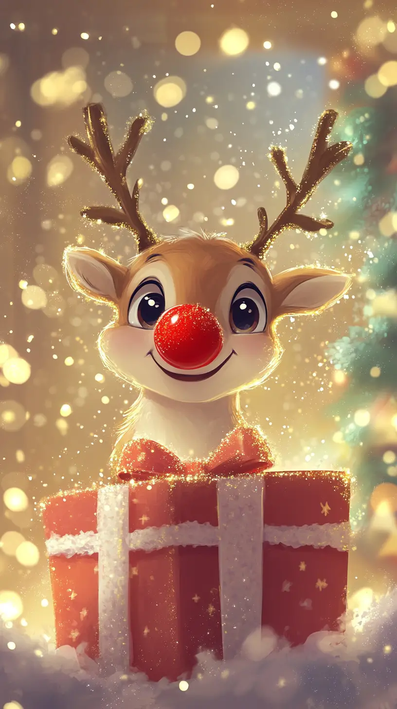 Cute reindeer standing behind a festive christmas gift