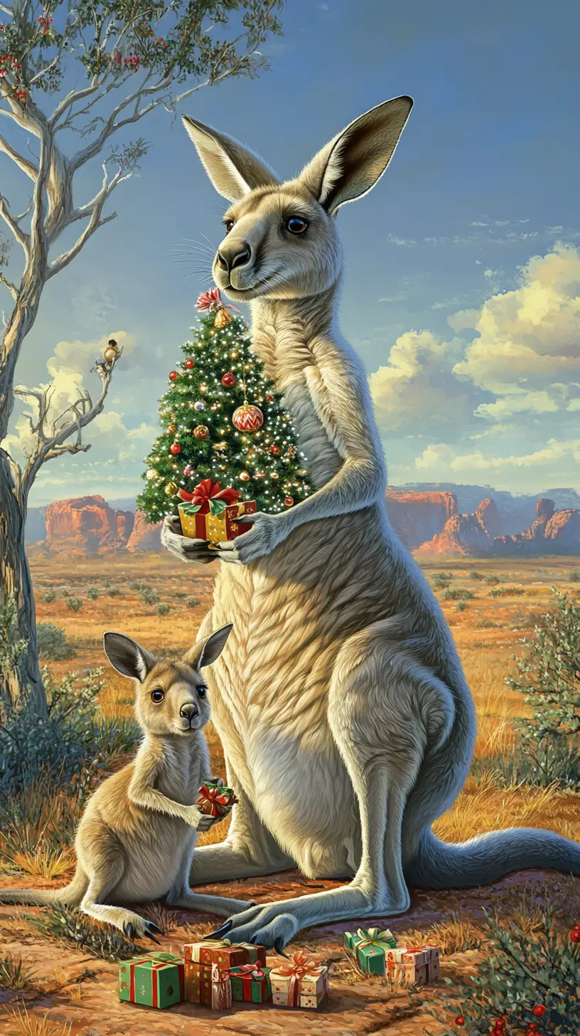 Mother kangaroo sharing a christmas tree with her joey