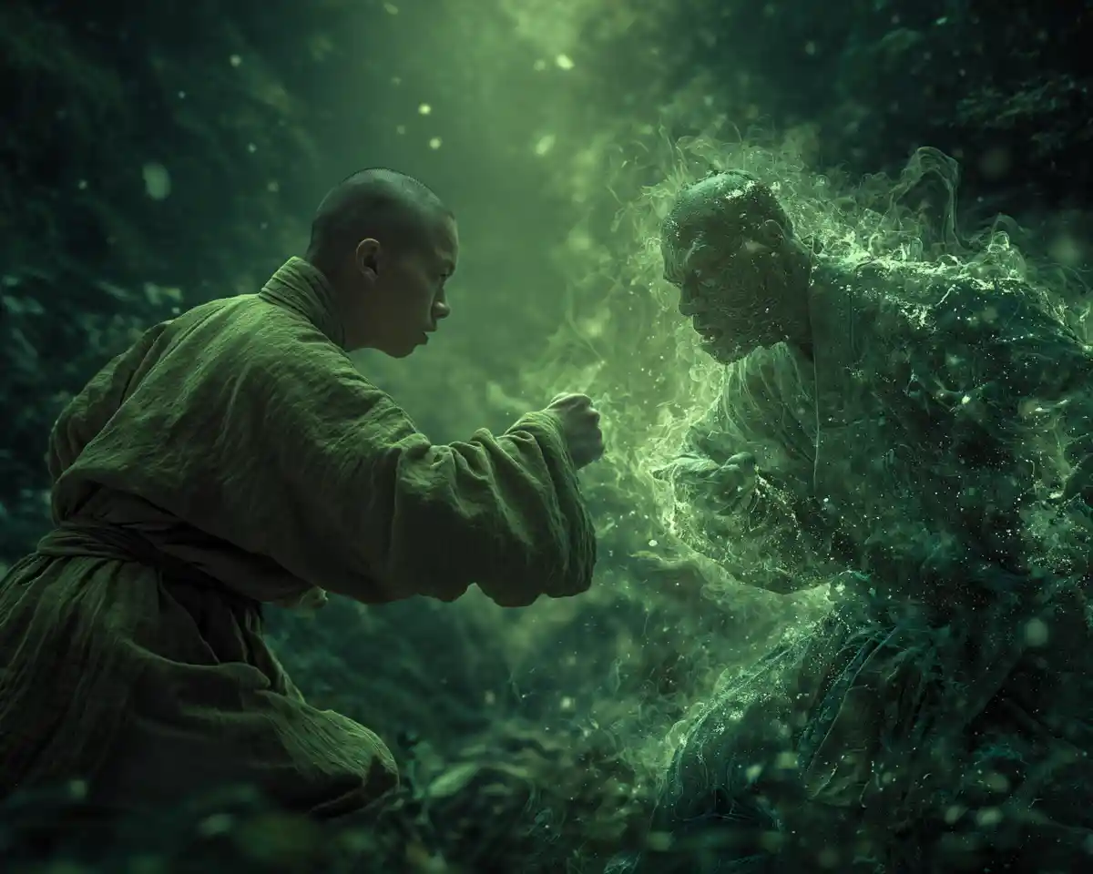 Monk In Green Robes Battling A Dark Oozing Demon