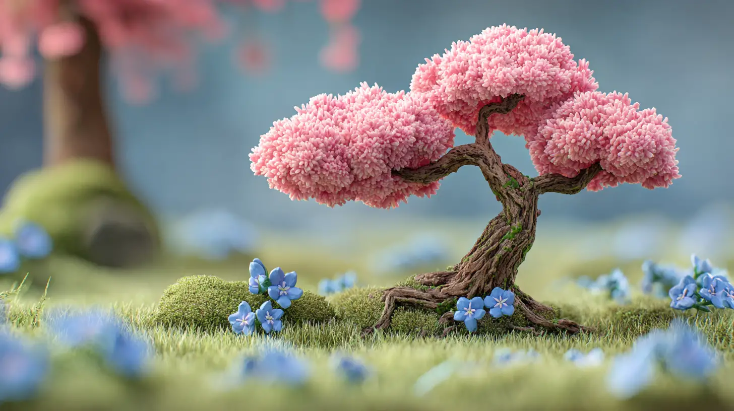 Cute grumpy cherry tree resting on grassy flower field
