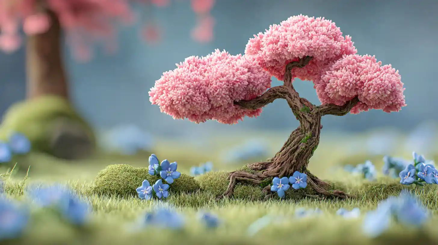 Cute grumpy cherry tree resting on grassy flower field