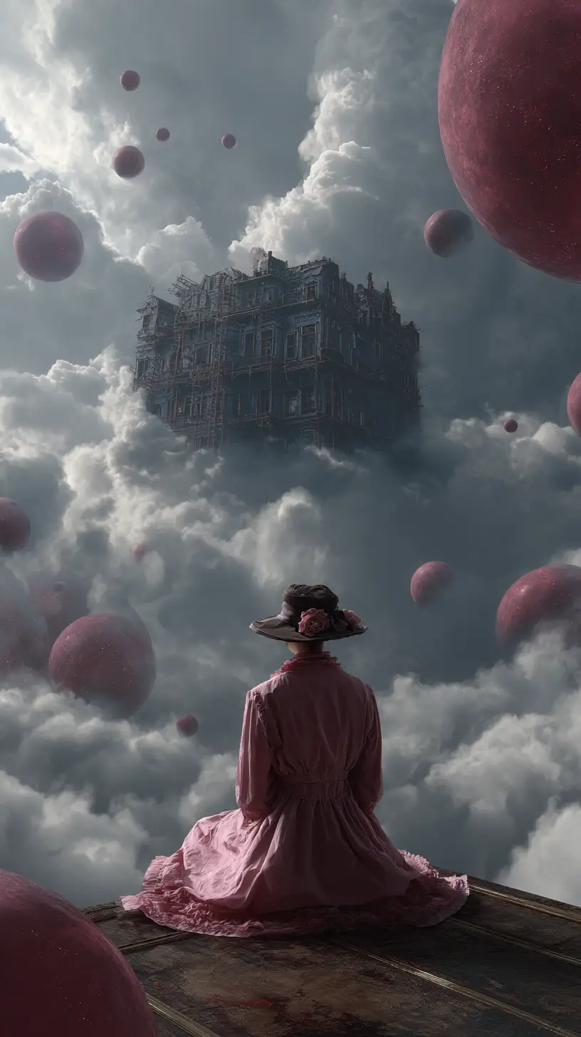 Woman on floating island gazing at surreal sky building
