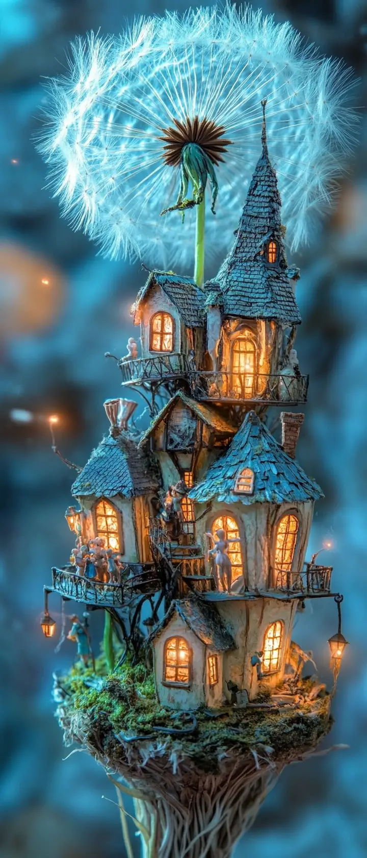 Floating dandelion island with a tiny glowing fairy village