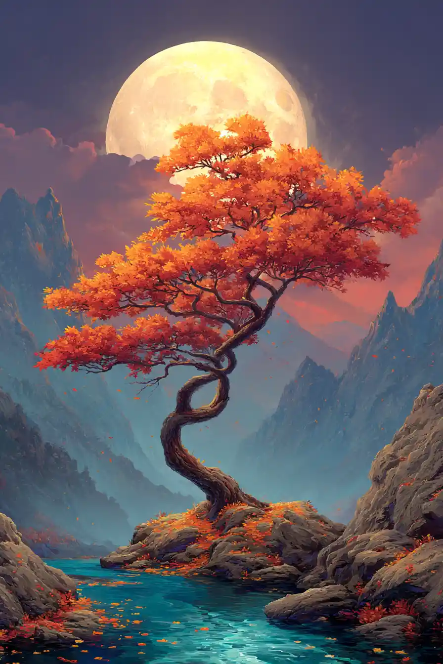 Ancient glowing tree in a fantasy mountain valley
