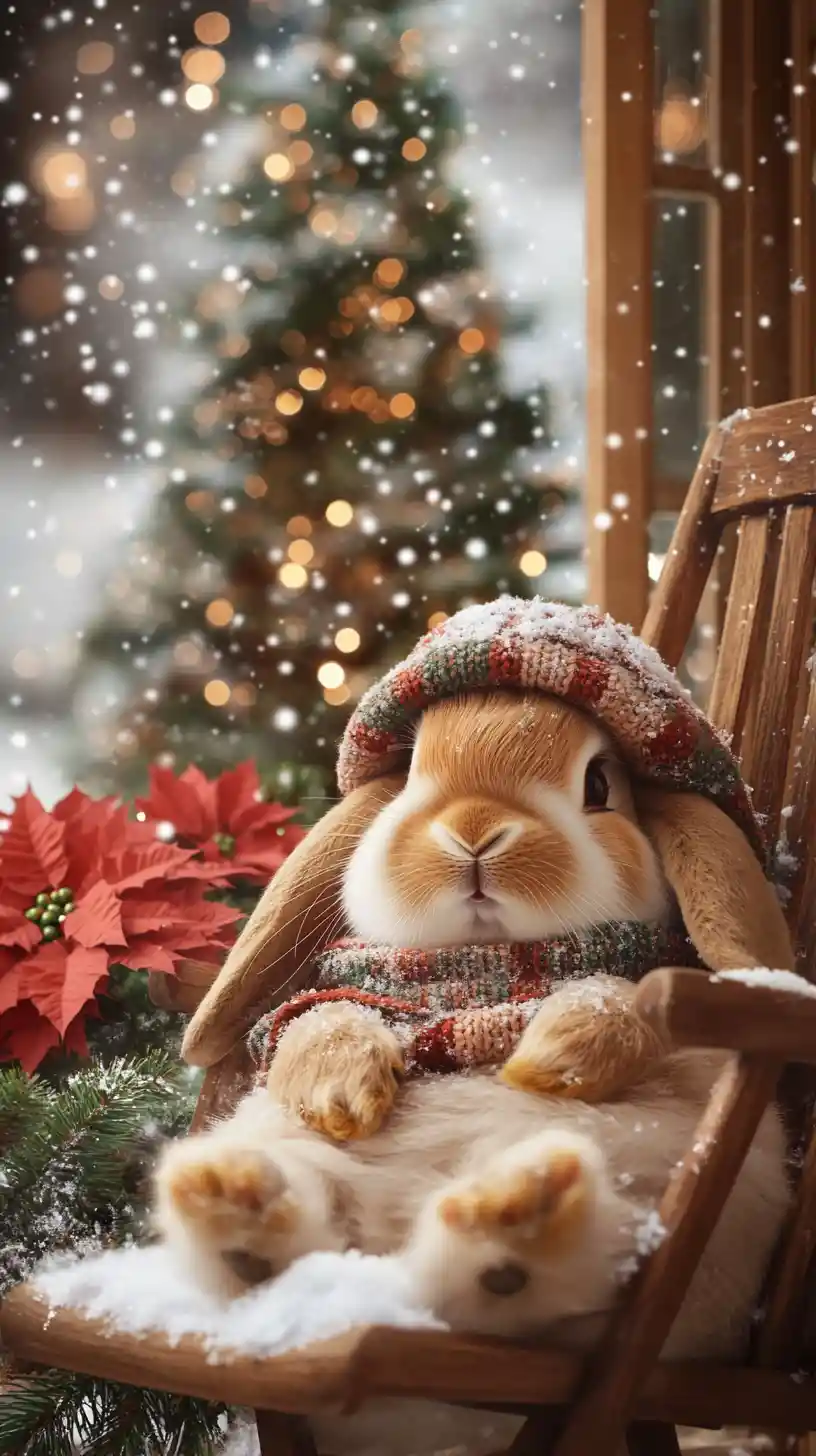 Cute rabbit resting on veranda rocking chair at christmas