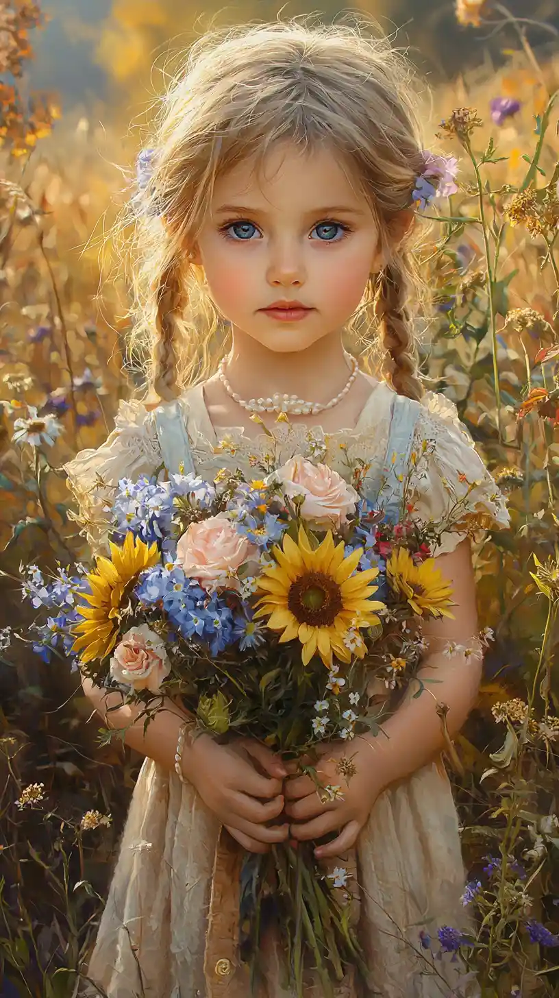 Little girl with flower bouquet in misty autumn hills