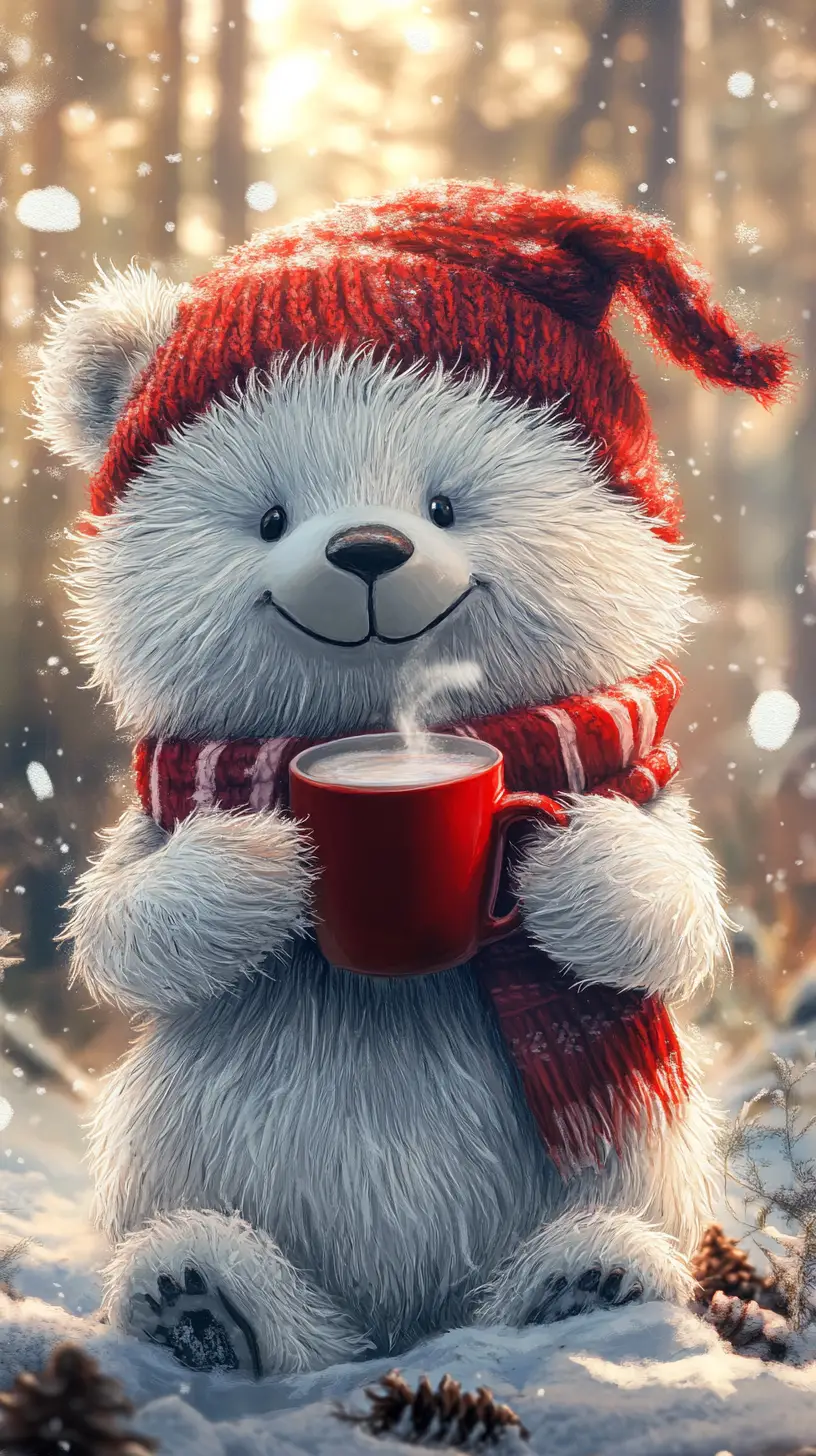 Cute white teddy bear with red mug in snowy forest