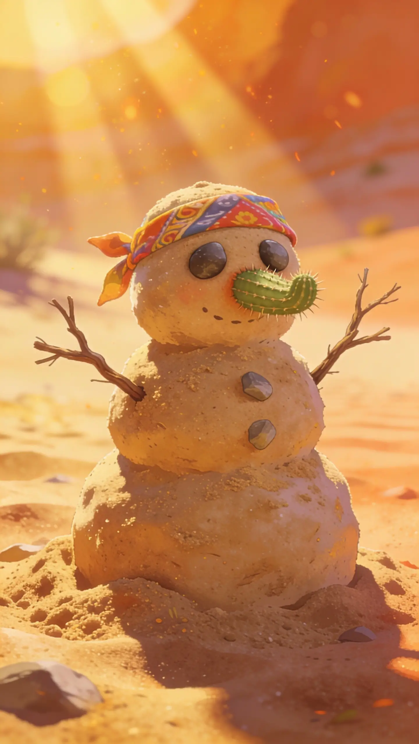 Whimsical sandy snowman in a bright desert scene