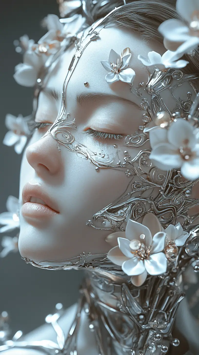 Cyborg woman portrait with floral metallic adornments