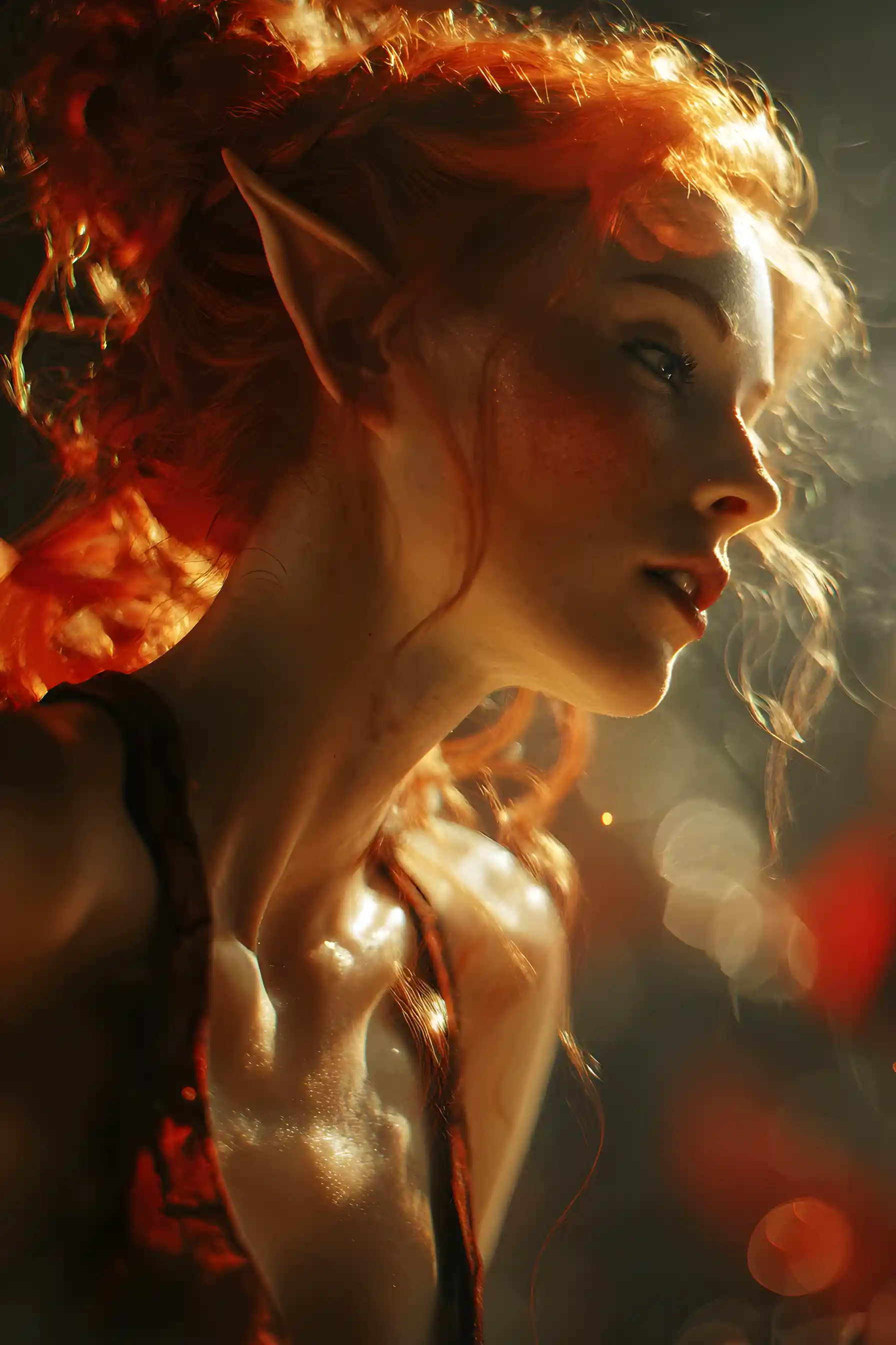Enchanting red haired elf woman in a surreal fantasy portrait