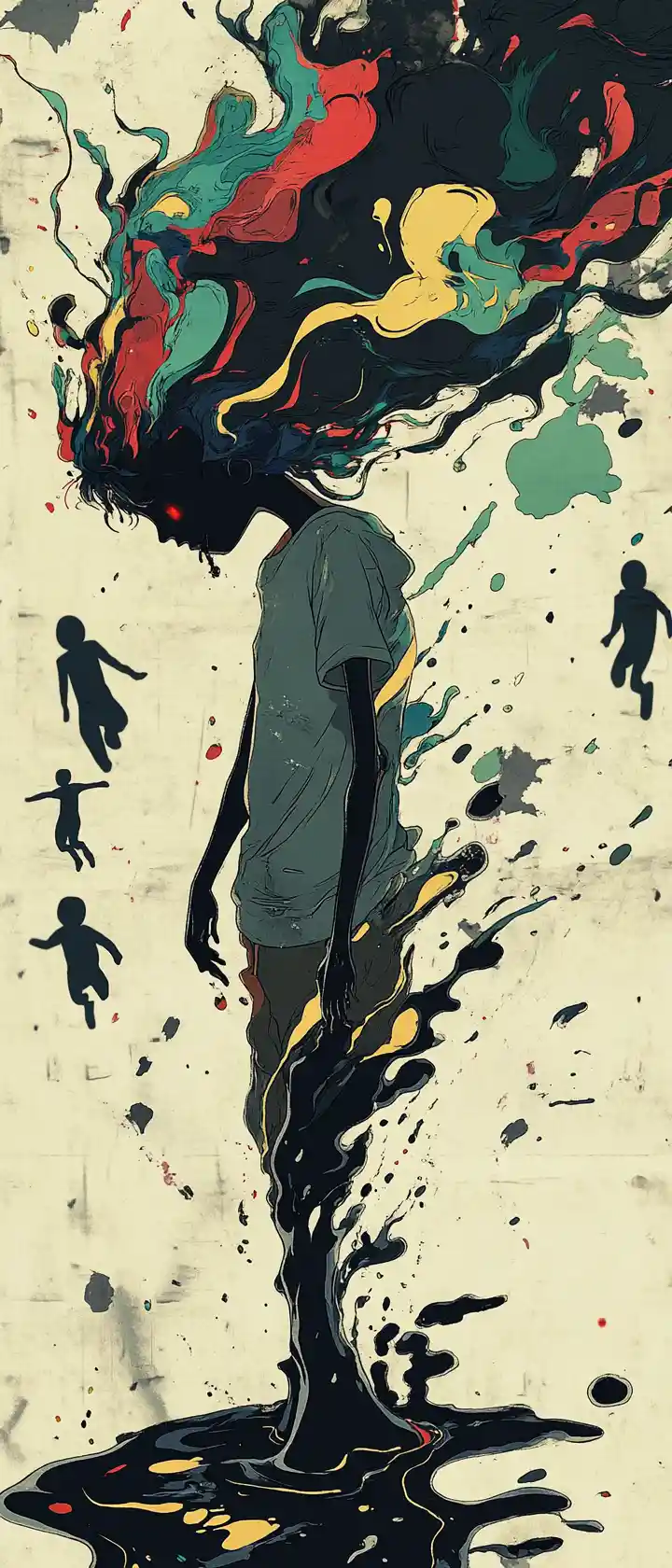 Cartoon figure dissolving into dark oil in abstract space