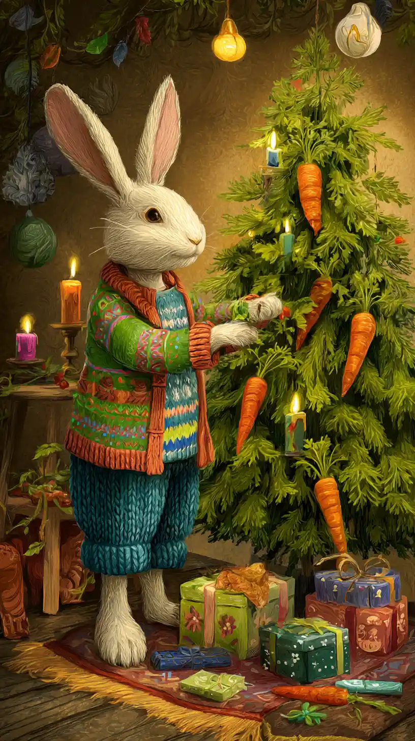 Anthropomorphic rabbit placing gifts under carrot Christmas tree