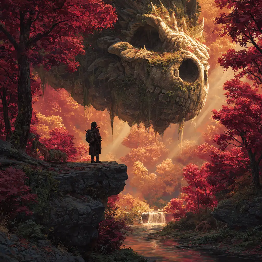 Woman holding baby dragon on autumn cliff at sunset
