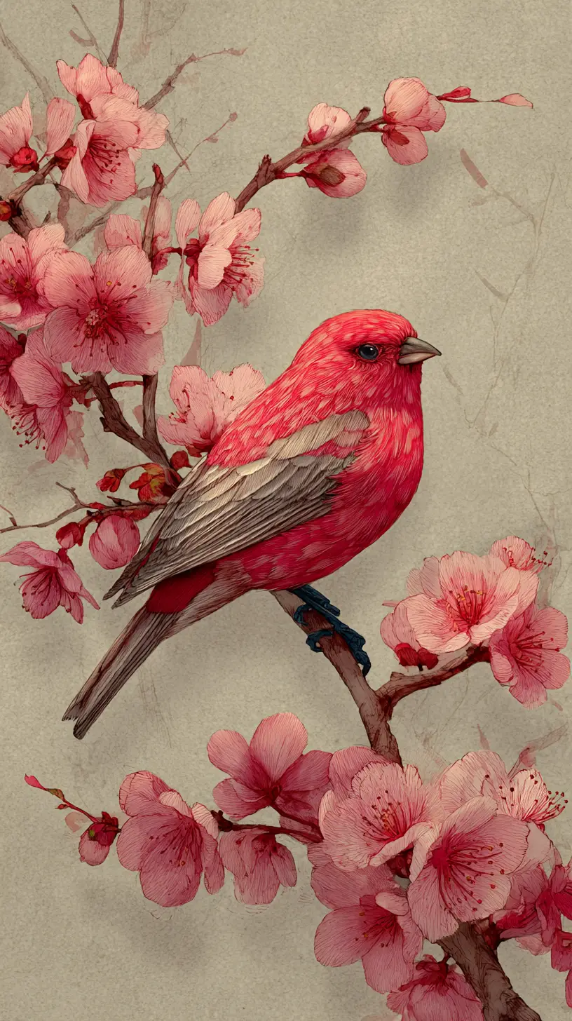 Red songbird on blossoming branch in gongbi painting style