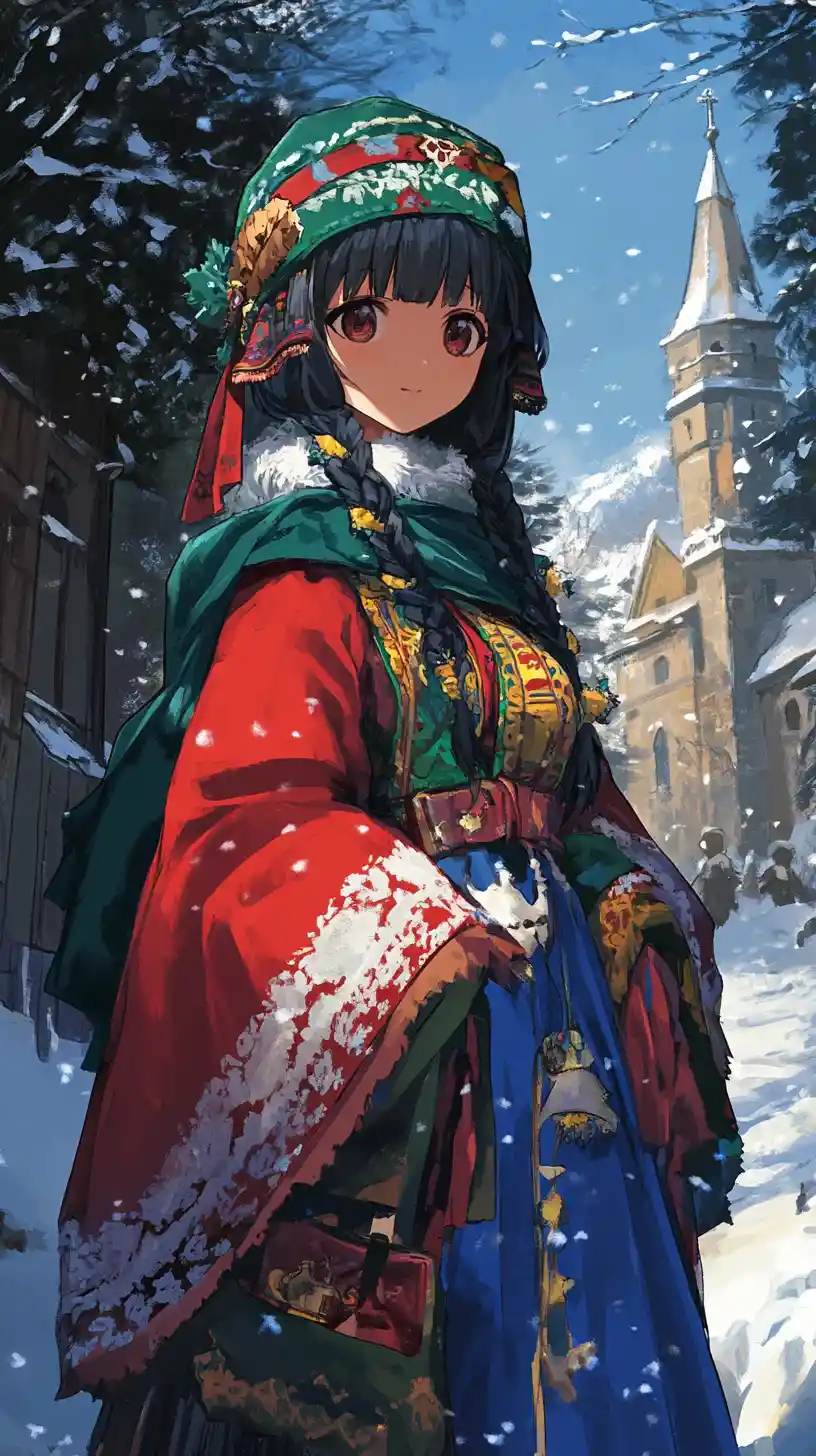 Anime girl in traditional winter clothes in snowy town