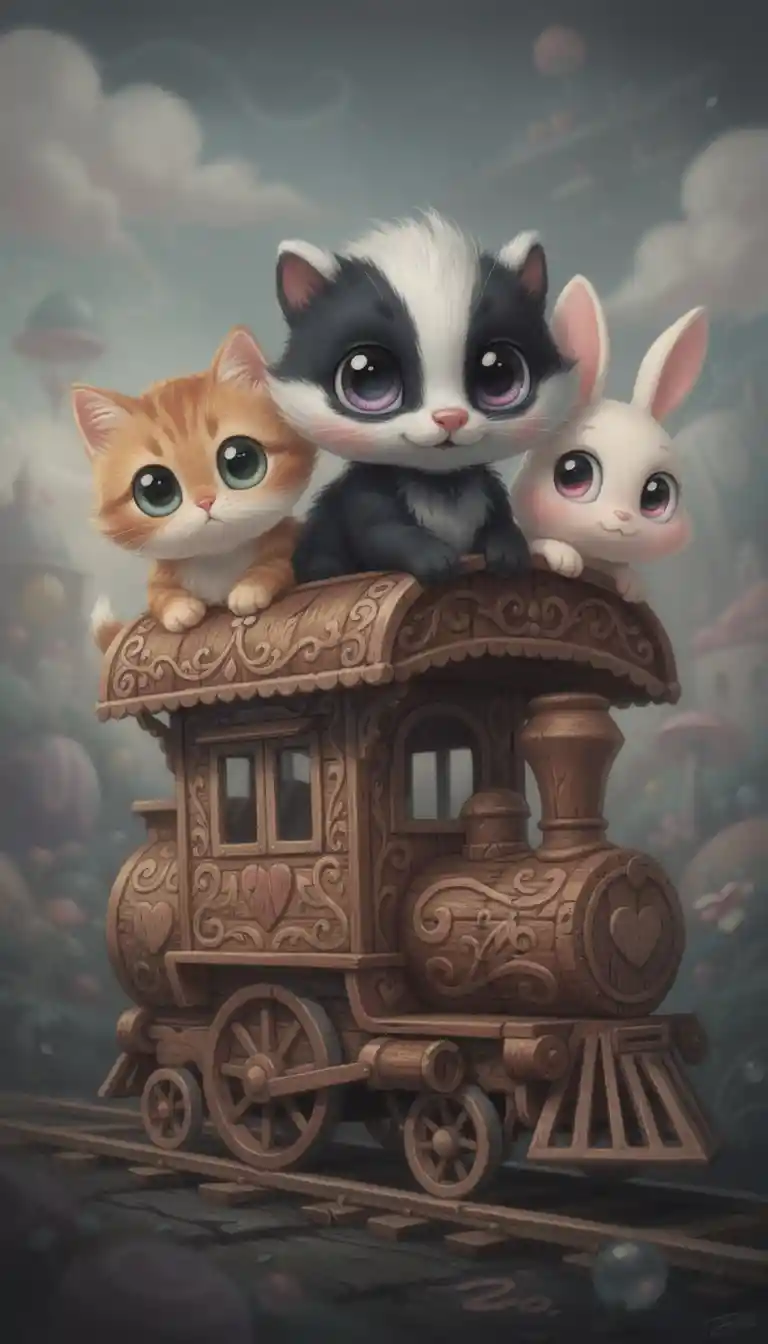 Whimsical animals riding in a tiny carved wooden train