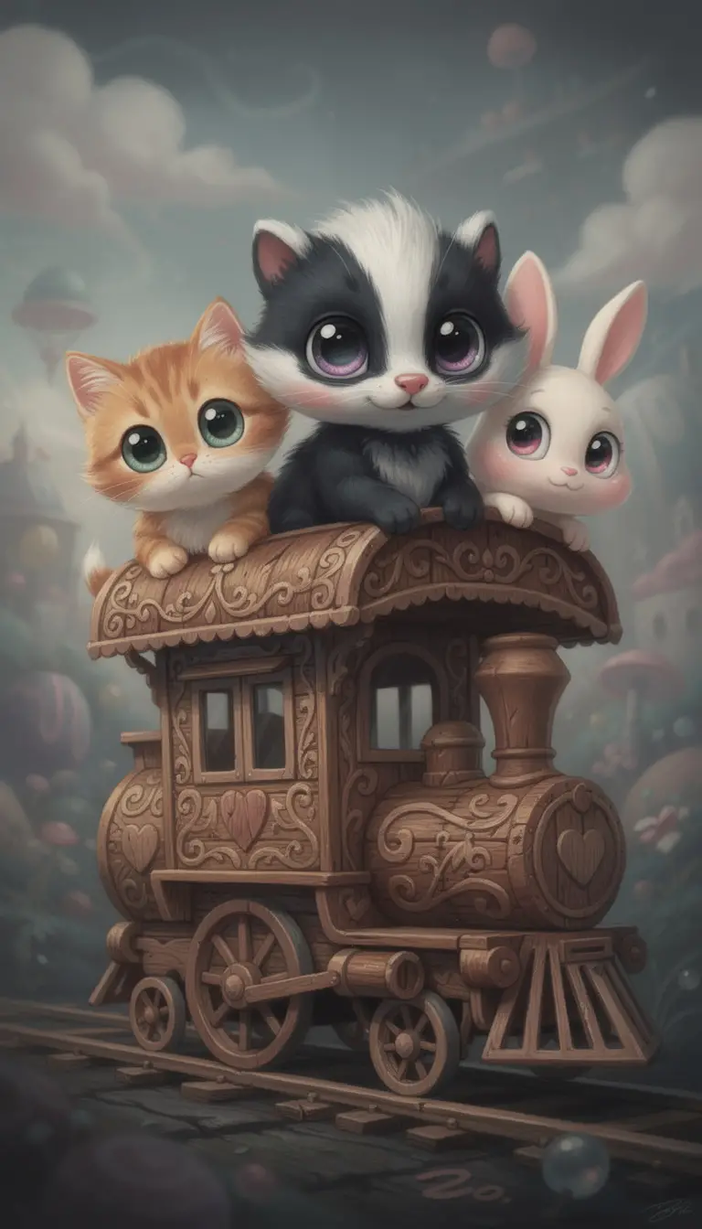 Whimsical animals riding in a tiny carved wooden train