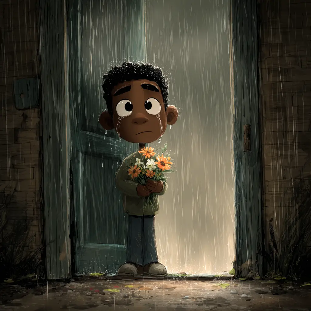 Sad man dropping flowers at a door in the rain