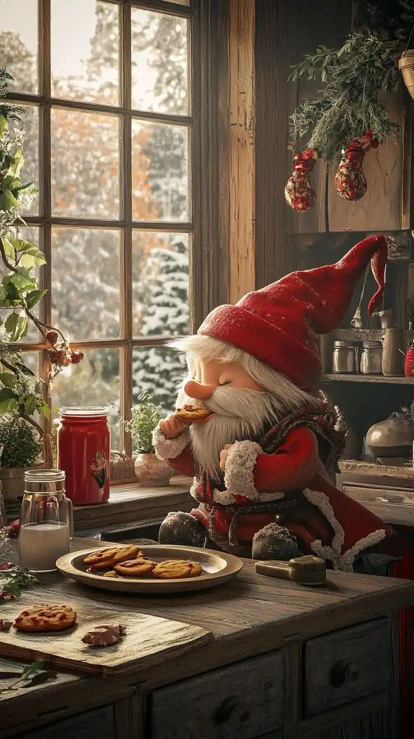 Gnome Enjoying Cookies In A Cozy Rustic Kitchen