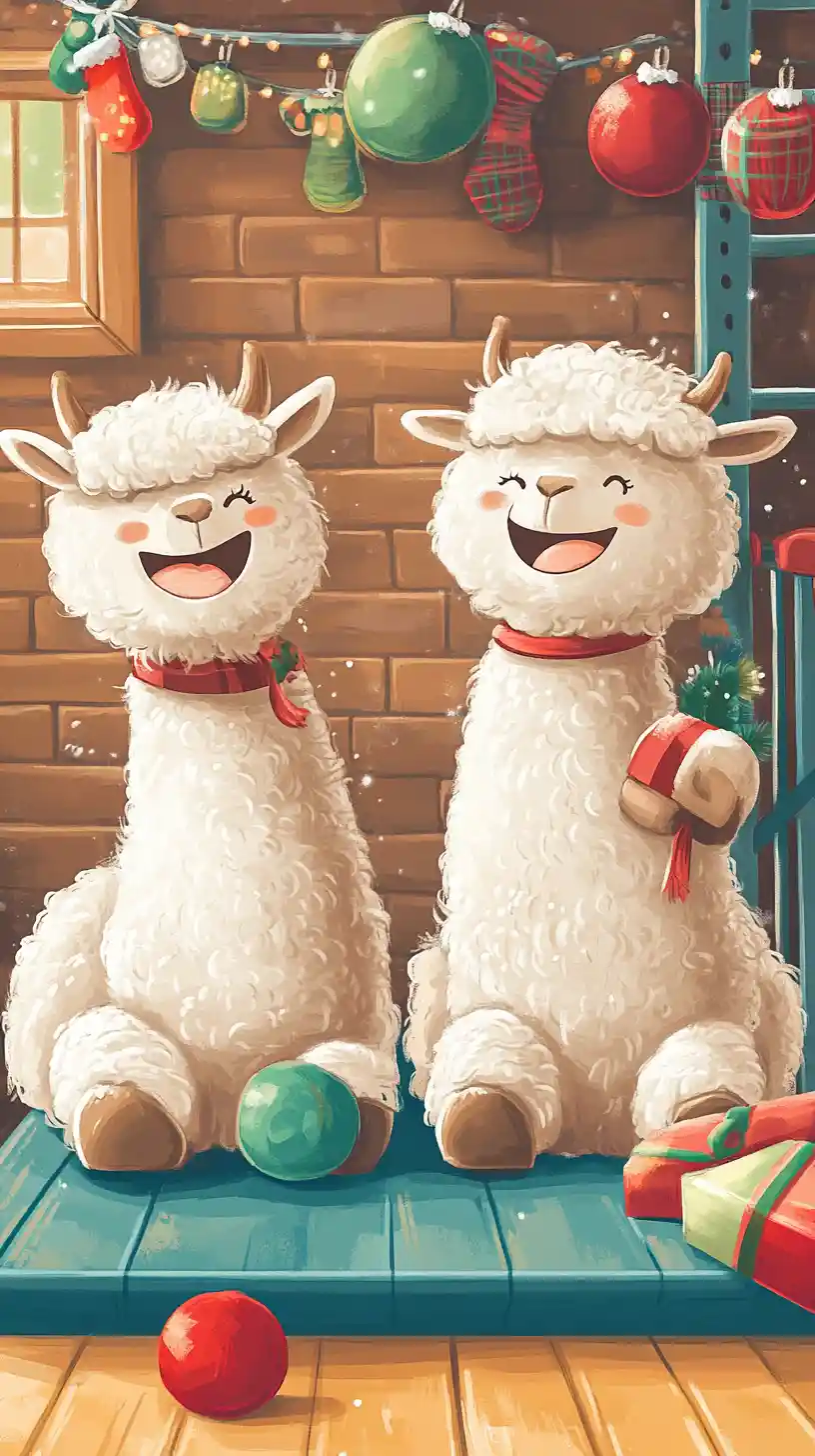 Two smiling alpacas working out together in a gym