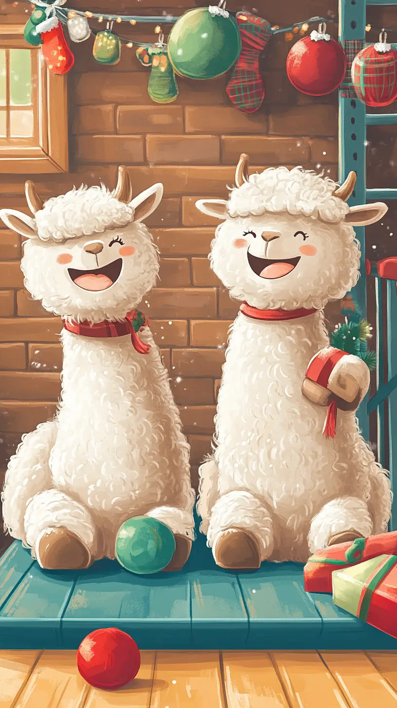 Two smiling alpacas working out together in a gym