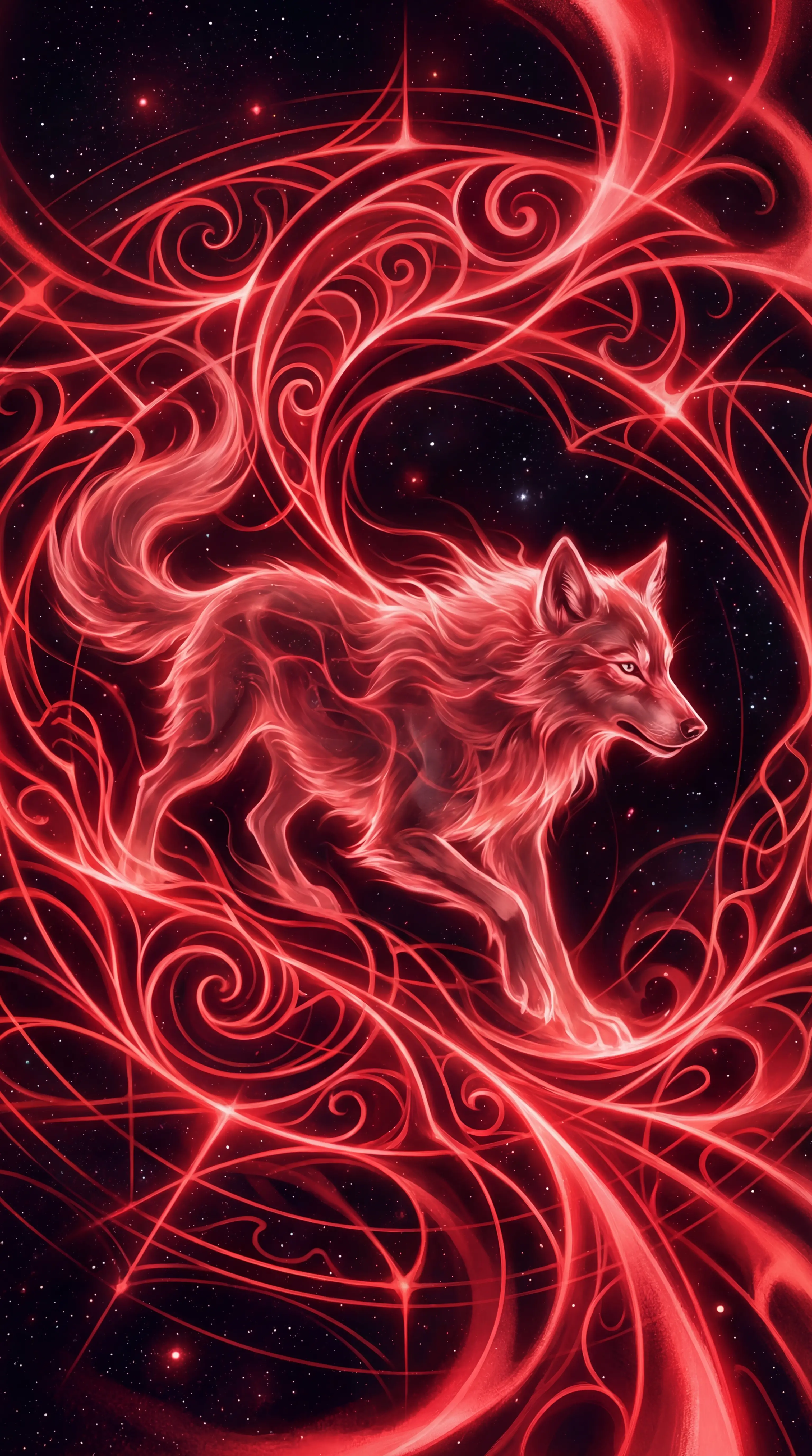 Optical illusion wolf hidden in red geometric patterns