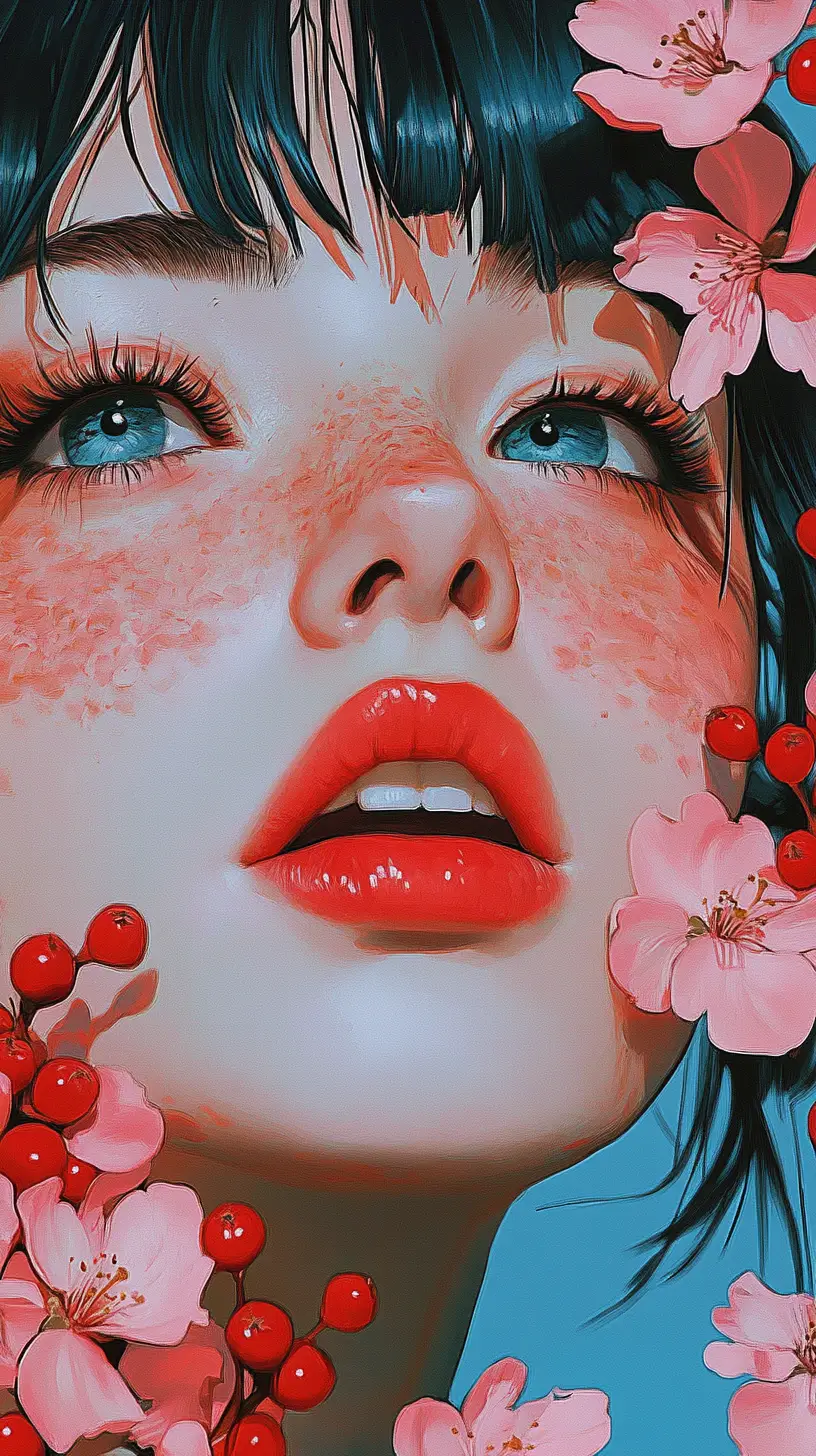 Emotional portrait of a woman with flowers and berries